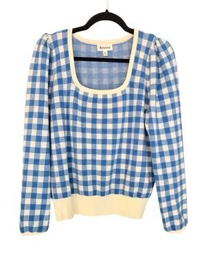 &merci Blue Cream Gingham Check Square Neck Puff Sleeve Cropped Sweater M